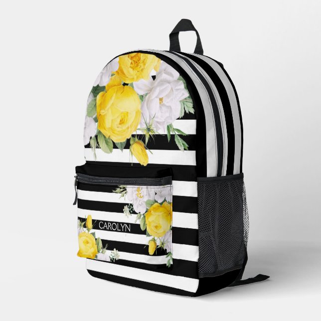 Elegante, gelbe Rosen Schwarz-weiße Streifen Bedruckter Rucksack (Rückseitige Ecke Rechts)