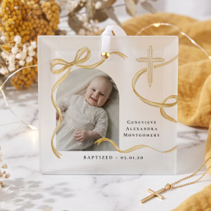 Elegante gelbe Schleife Kreuz Taufe Foto Ornament Aus Glas