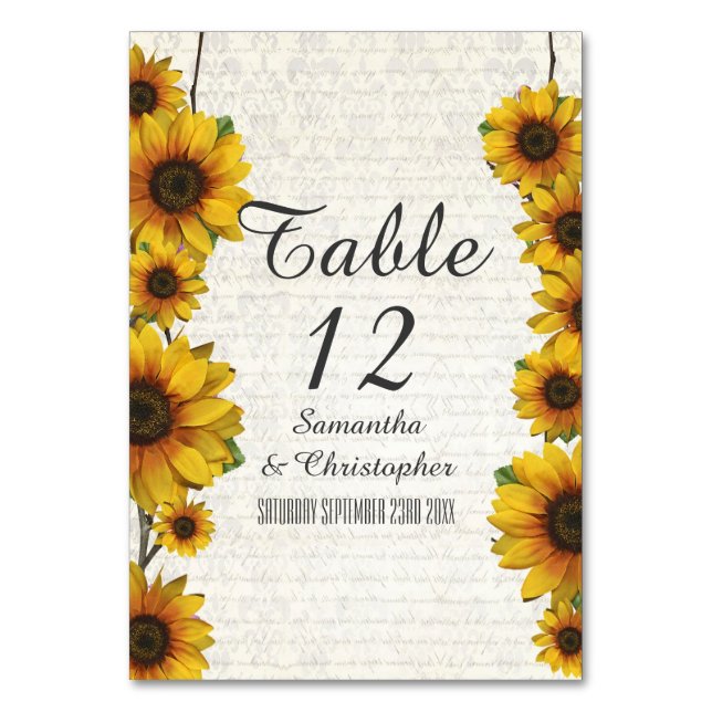 Elegante gelbe Sonnenblume Land Blumenhochzeit Tischnummer (Vorderseite)