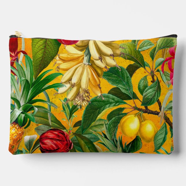 Elegante gelbe tropische Blätter Fruchtmuster Zubehörtasche (Vorderseite)