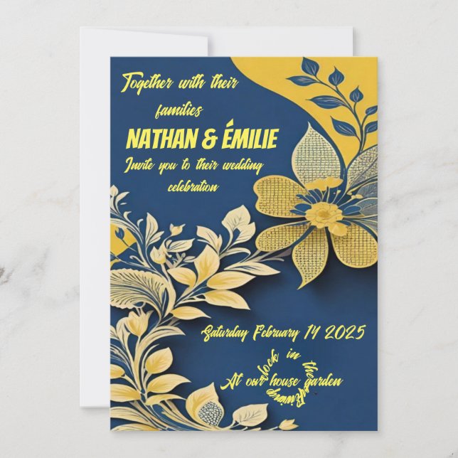 Elegante gelbe und blaue Hochzeitseinladung Einladung (Vorderseite)
