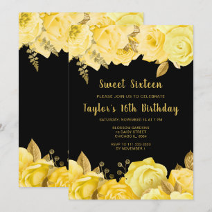 Elegante gelbe und goldene Blumen Sweet Sixteen Einladung
