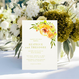Elegante gelbe und grüne Aquarell-Blumenhochzeit Einladung