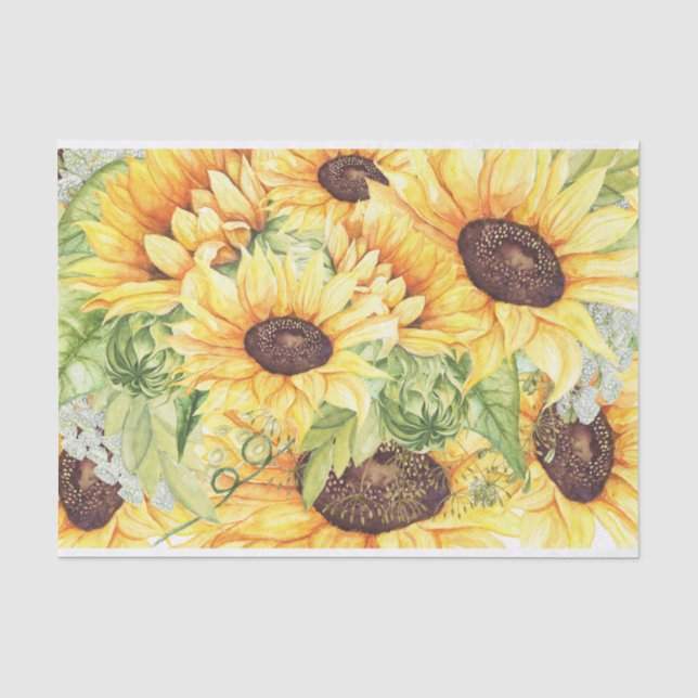 Elegante Gelbe Wasserfarbe Sonnenblumen Grüne Seidenpapier (Vorderseite)