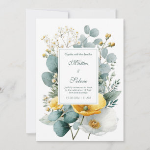 Elegante Gelbe Weiße Mohn Eukalyptus Aquarell Einladung