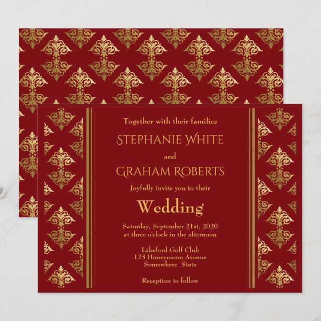 Elegante Gemusterte Hochzeit in Red and Gold Damas Einladung (Vorne/Hinten)