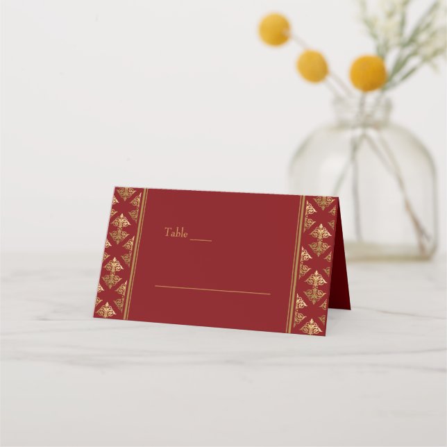 Elegante Gemusterte Hochzeit mit Red Gold Damask Platzkarte (Vorderseite)