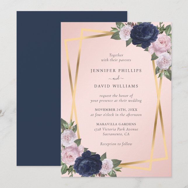 Elegante Geo Gold Navy Blush Botanische Hochzeit Einladung (Vorne/Hinten)