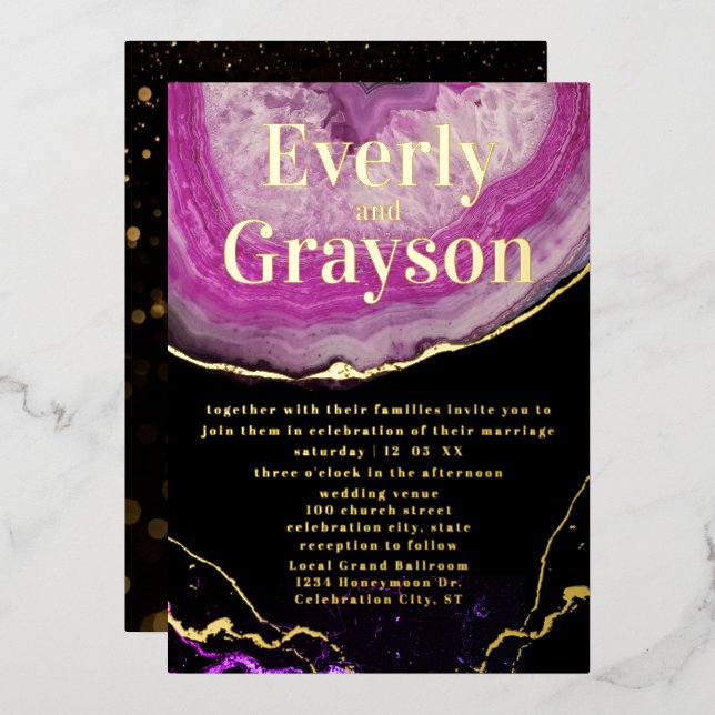 Elegante Geode Pink & Gold Wedding Foil Folieneinladung (Vorderseite/Rückseite)