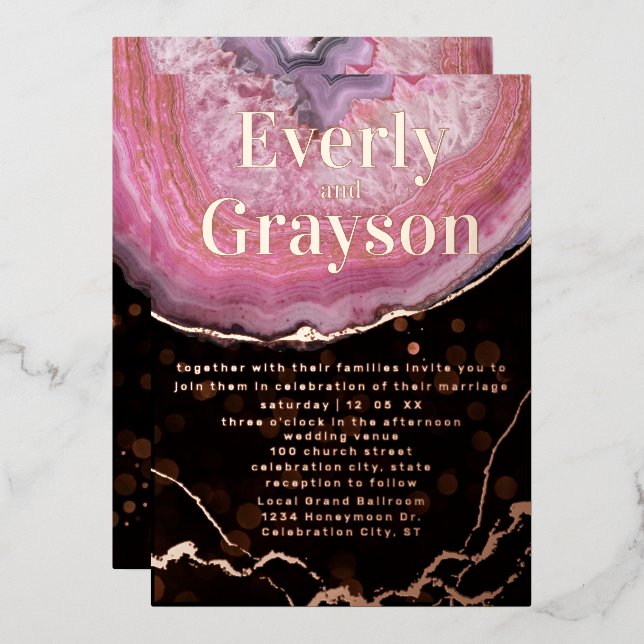 Elegante Geode Pink & Gold Wedding Foil Folieneinladung (Vorderseite/Rückseite)
