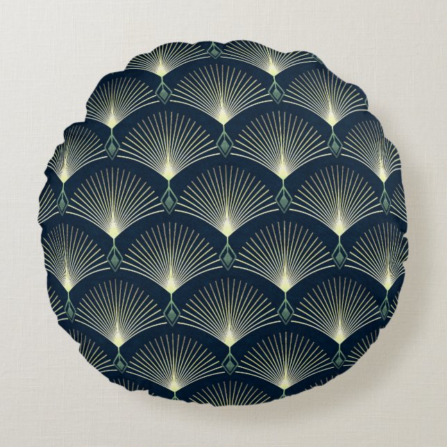 Elegante Geometrie: Blue Art Deco. Rundes Kissen (Vorderseite)