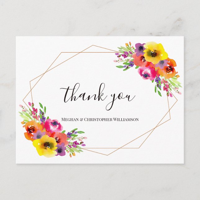 Elegante geometrische Blumen Hochzeit Vielen Dank Postkarte (Vorderseite)