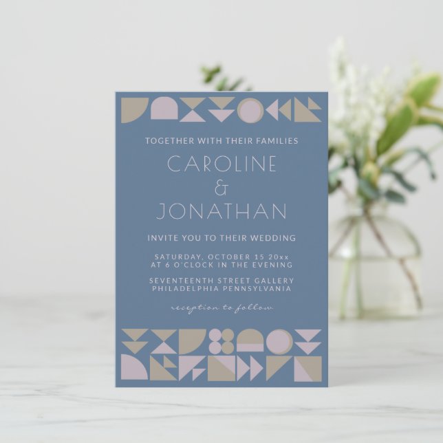 Elegante geometrische Formen Dusty Blue Modern Wed Einladung (Stehend Vorderseite)