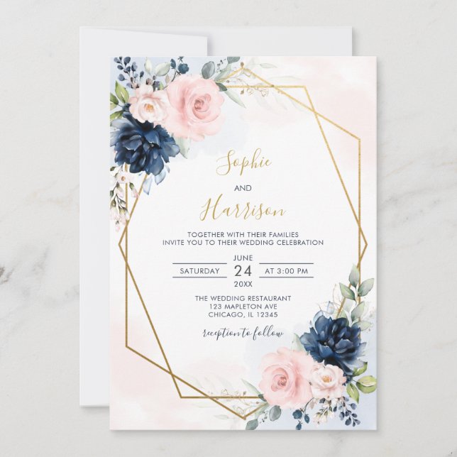 Elegante geometrische Hochzeit der Marine und der  Einladung (Vorderseite)