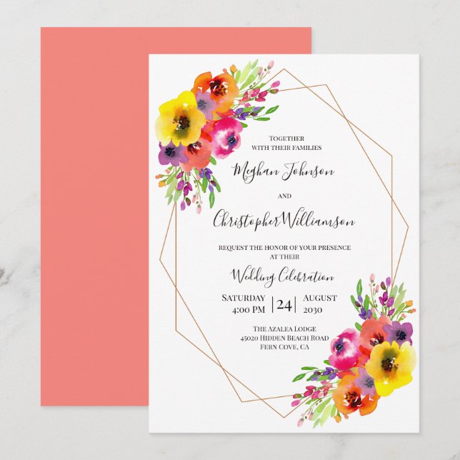 Elegante geometrische Hochzeit mit leuchtendem Was Einladung (Vorne/Hinten)
