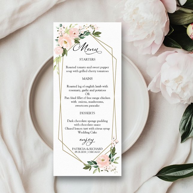 Elegante geometrische Hochzeitsmenükarten mit Blus Menükarte (Von Creator hochgeladen)