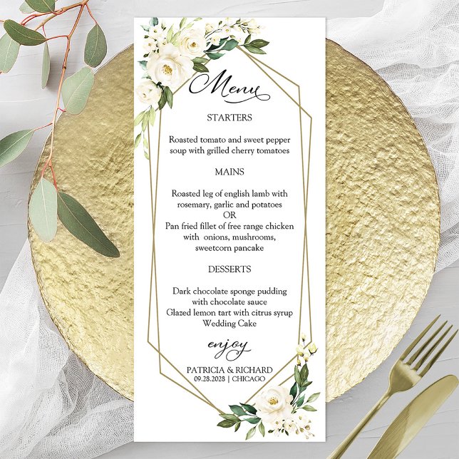 Elegante geometrische Hochzeitsmenükarten mit weiß Menükarte (Von Creator hochgeladen)