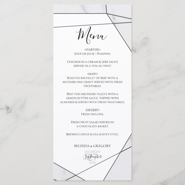 Elegante geometrische Marmorhochzeit Menükarte (Vorderseite)
