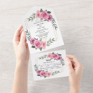 Elegante geometrische rosa Rosenhochzeit All In One Einladung