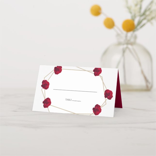 Elegante geometrische Rote Rose Hochzeit Platzkart Platzkarte (Vorderseite)