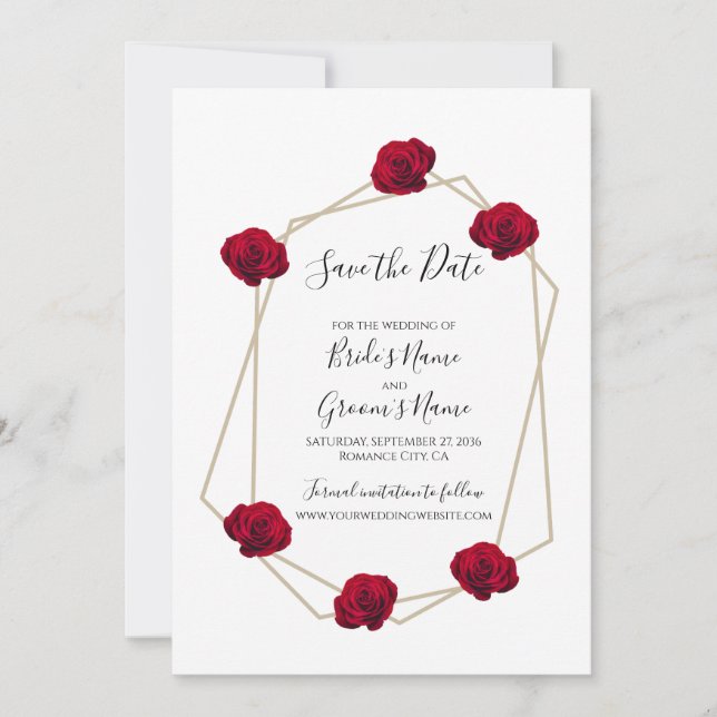 Elegante geometrische Rote Rose Hochzeit speichern Save The Date (Vorderseite)