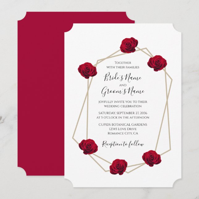 Elegante geometrische Rote Rose Hochzeitseinladung Einladung (Vorne/Hinten)