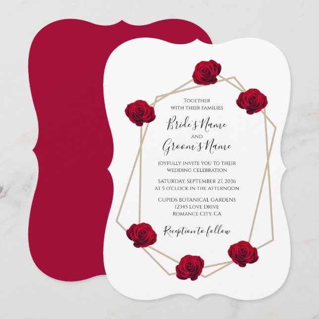 Elegante geometrische Rote Rose Hochzeitseinladung Einladung (Vorne/Hinten)