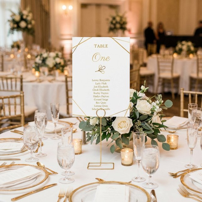 Elegante geometrische Tischnummer Sitzkarte (Elegant Gold Geometric Table Number Seating Card.)