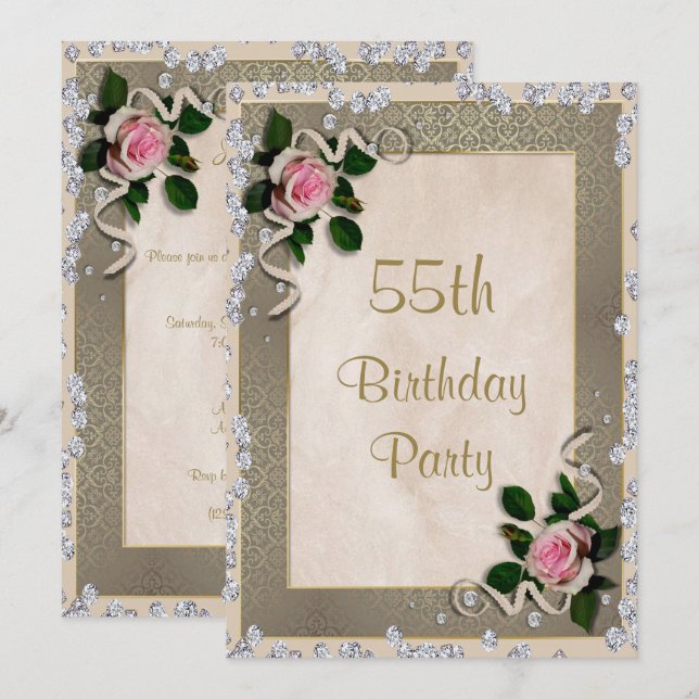 Elegante Gerahmt Rosa Rosen 55. Geburtstag Einladung (Vorne/Hinten)