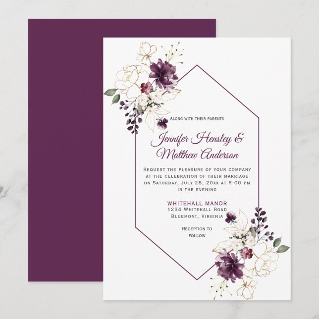 Elegante Gerahmte Hochzeit mit Lila und goldener F Einladung (Vorne/Hinten)