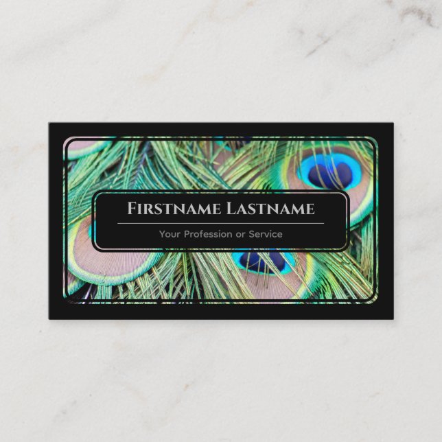 Elegante, gerahmte Pfauenfedern, blau grün Visitenkarte (Vorderseite)