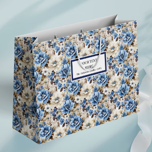 Elegante Geschenktasche in Marineblau mit Blumenmu Große Geschenktüte
