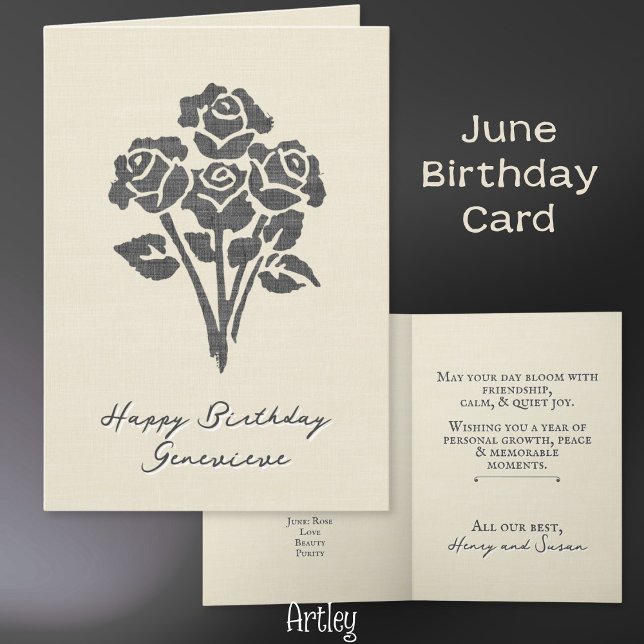 Elegante gestempelte Rose June Birth Blume Linen Karte (Von Creator hochgeladen)