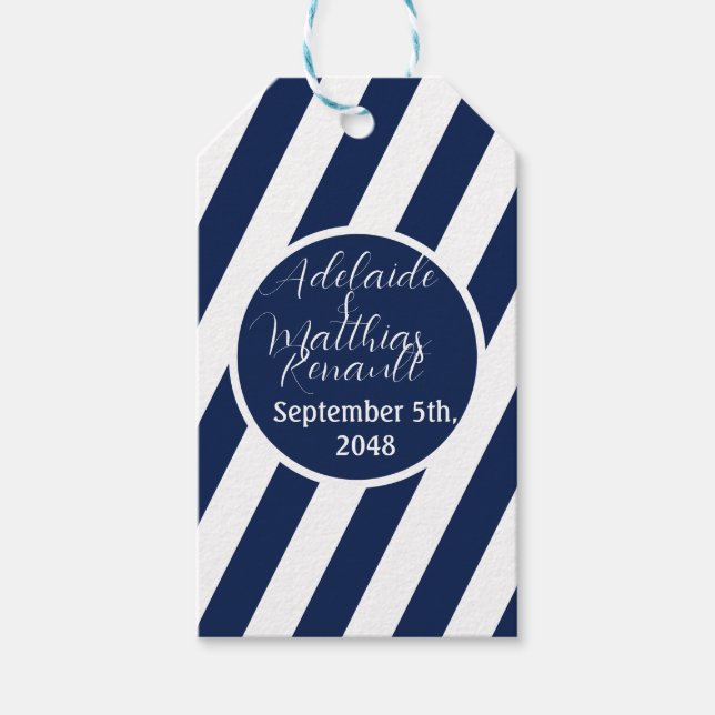 Elegante, gestreifte Hochzeit - Navy Blue, White Geschenkanhänger (Vorderseite)