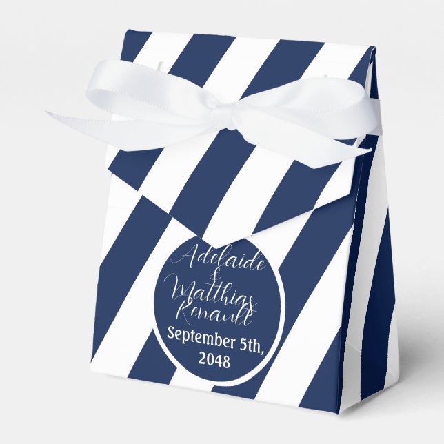 Elegante, gestreifte Hochzeit - Navy Blue, White Geschenkschachtel (Vorderseite)