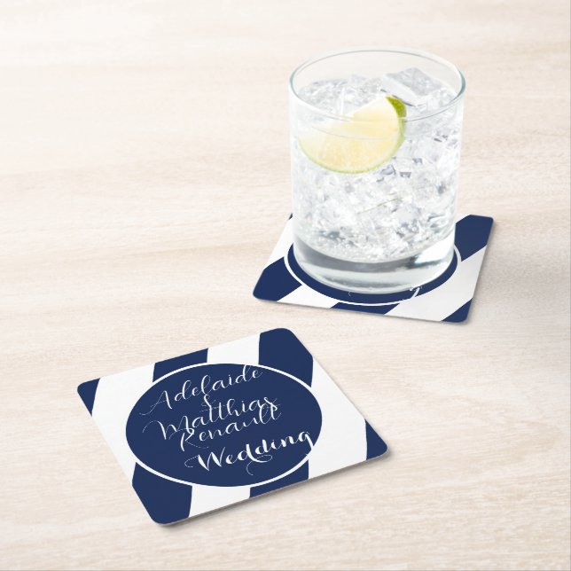 Elegante, gestreifte Hochzeit - Navy Blue, White Rechteckiger Pappuntersetzer (Vor Ort)