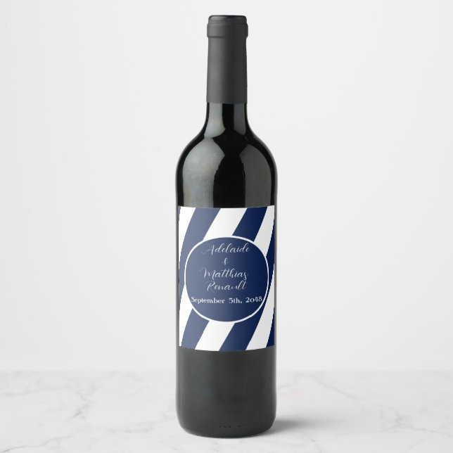 Elegante, gestreifte Hochzeit - Navy Blue, White Weinetikett (Vorderseite)