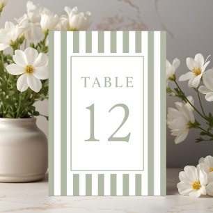 Elegante gestreifte Salbeigrüne Hochzeit Tischnummer