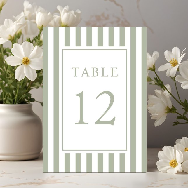 Elegante gestreifte Salbeigrüne Hochzeit Tischnummer (Elegant Striped Sage Green Wedding Table Number)