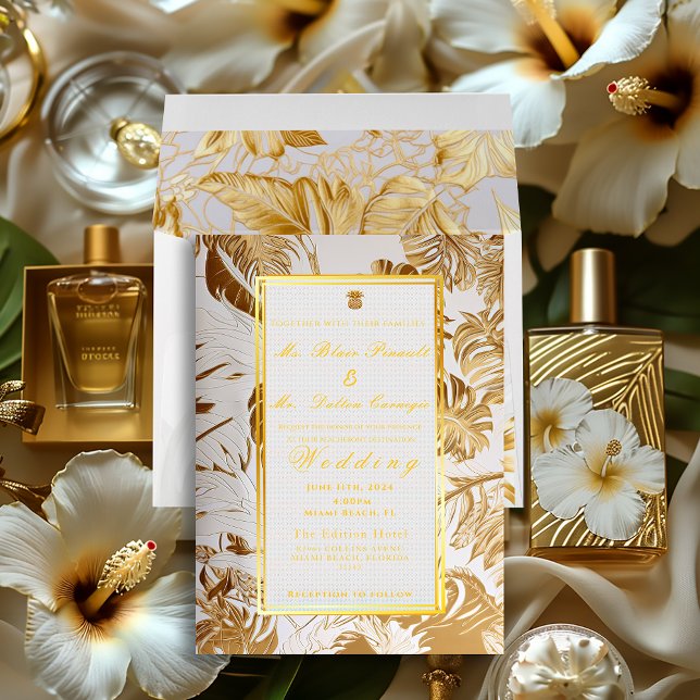 Elegante Gilded Gold Monstera Einladung (Formal Tropical Destination Monstera Foil Invitation)