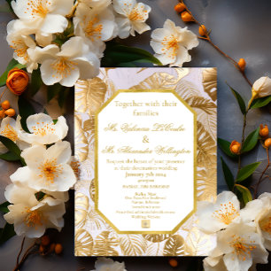Elegante Gilded Gold Monstera Hochzeit in Urlaubso Einladung