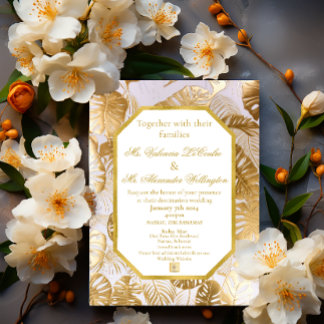 Elegante Gilded Gold Monstera Hochzeit in Urlaubso Einladung