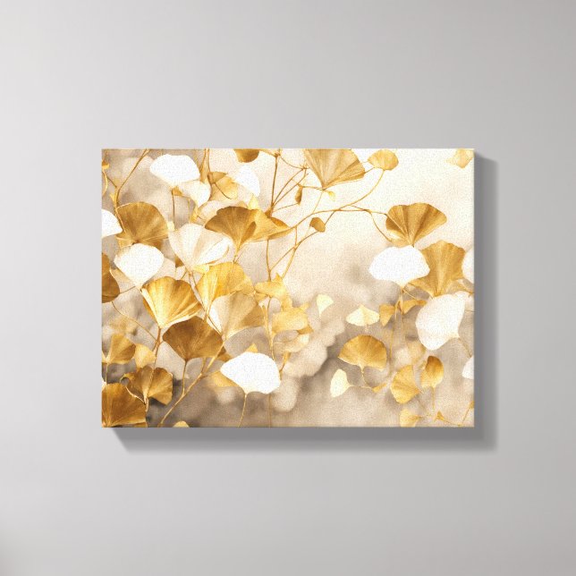 Elegante Ginkgo-Blätter weiß, beige, goldfarben Leinwanddruck (Vorderseite)