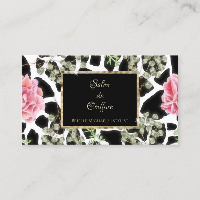 Elegante Giraffe Print Pink Roses Gold Frame Salon Visitenkarte (Vorderseite)