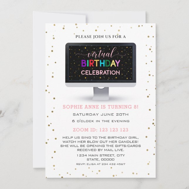 Elegante Girl Colorful Virtual Birthday Party Einladung (Vorderseite)