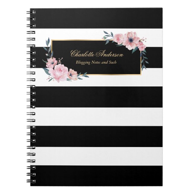 Elegante Girly Schwarz-weiß Stripes Rosa Blütenfar Notizblock (Vorderseite)