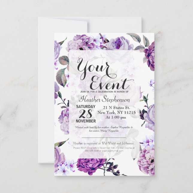 Elegante Girly Violet Lilac Purple Blumen Einladung (Vorderseite)