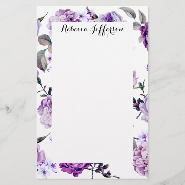 Elegante Girly violette lila lila Blumen Briefpapier (Vorderseite)