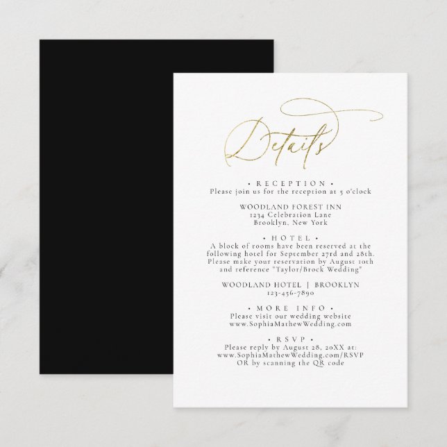 Elegante Glam Black and Gold White Wedding Details Begleitkarte (Vorne/Hinten)
