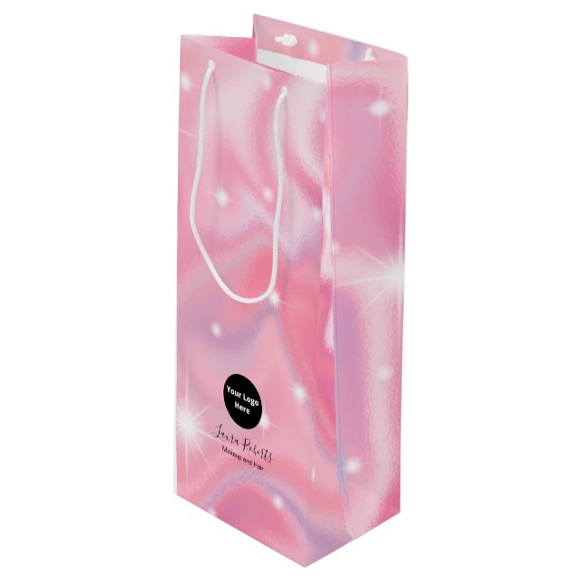 Elegante Glam Iridescent Holographic Wine Gift Bag Geschenktüte Für Weinflaschen (Vorderseite Schrägansicht)